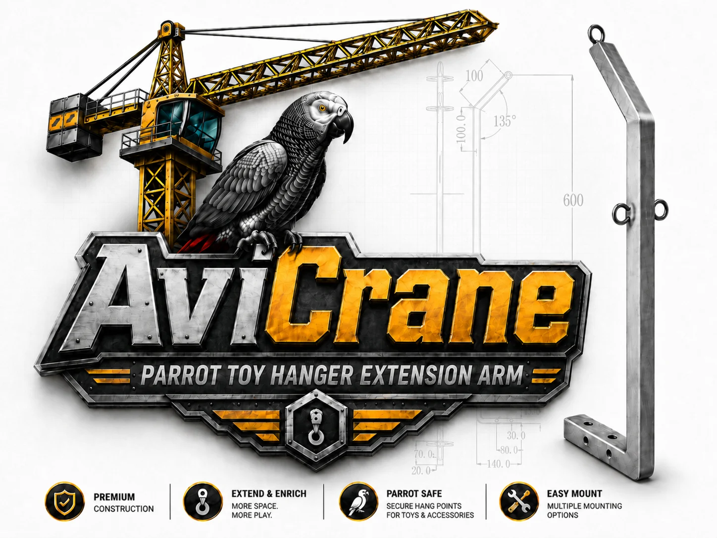 AviCrane Parrot Toy Hanger Extension Arm artwork and specifications